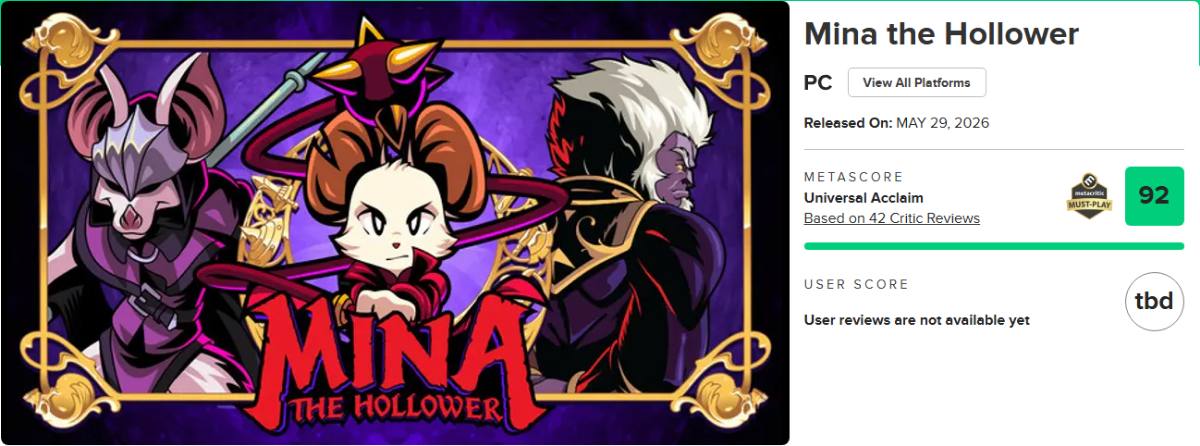 Mina the Hollower — the best game of 2026 according to Metacritic with a score of 93 points